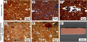 Micrografías de lámina delgada de muestras cerámicas, nícoles cruzados, y fotografía de una sección. A) Muestra F-26. B) Muestra F-27. C) Muestra F-25. D-E) Muestra F-31. F) Muestra F-34.