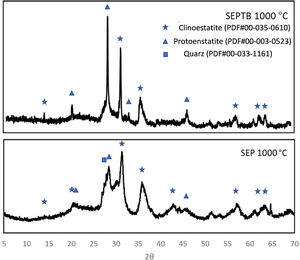 X-ray diffractograms of SEP and SEPTB thermally treated at 1000°C for 1h.