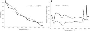 ATD-TG curves of SEP (a) and SEPTB (b).