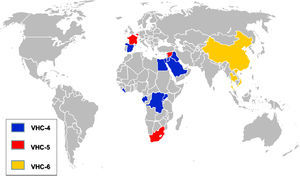 Distribución mundial de los genotipos 4, 5 y 6. Mapa que muestra la distribución de los genotipos 4, 5 y 6 en los países con mayor reporte de prevalencia. En azul, el genotipo 4; en rojo, el genotipo 5, y en amarillo, el genotipo 6.