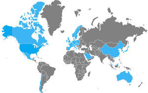 Países donde la cepa NAP1/B1/027 de Clostridium difficile ha sido aislada.