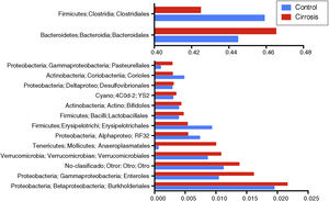 Representación gráfica de la abundancia relativa del orden taxonómico. En las muestras de pacientes cirróticos (barras rojas) y los sujetos control (barras azules). En el panel superior aparecen los grupos con los mayores niveles de cambio, mientras que en el panel inferior aparecen los que contribuyen en menor medida.