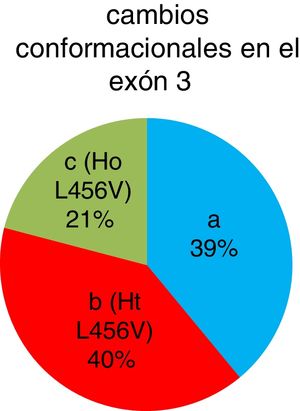 Frecuencia de los cambios conformacionales del exón 3 en porcentaje. Los cambios conformacionales denominados b y c son pacientes heterocigóticos y homocigóticos para el polimorfismo p.L456V, respectivamente.