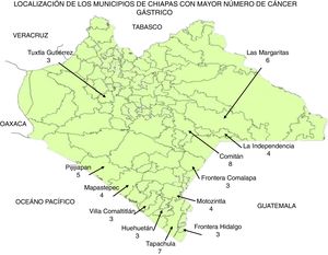 Municipios con mayor número de pacientes con cáncer gástrico, atendidos en el HRAECS, 2007-2014.