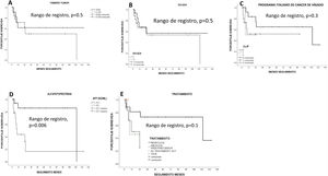 Supervivencia estimada por Kaplan-Meier según las características del tumor. La resección hepática ofreció la mejor supervivencia del paciente. Los pacientes con alfafetoproteína<15ng/ml tuvieron una mejor supervivencia (p<0.05).