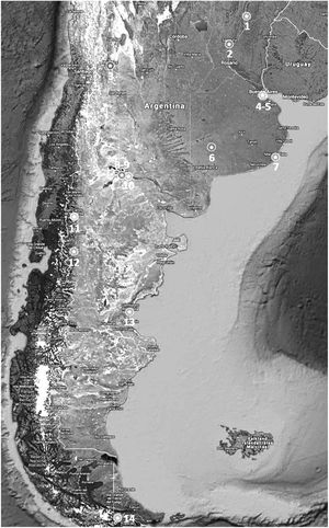 Distribución de sitios argentinos que participaron en el estudio. Los sitios de investigación fueron: 1: Esquina, 2: Santa Fe, 3: Mendoza, 4 y 5: Ciudad de Buenos Aires, 6: Coronel Suárez, 7: Mar del Plata, 8 y 9: Neuquén, 10: General Roca, 11: Bariloche, 12: Esquel, 13: Comodoro Rivadavia, 14: Ushuaia.