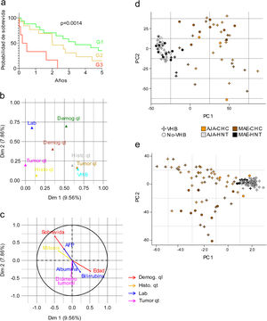 Evaluación de las variables clínicas y demográficas en pacientes peruanos con CHC. a) Curva de sobrevida de G1 (n = 17), G2 (n = 13) y G3 (n = 6), de 36 pacientes, clasificados según nomograma. Como resultado del análisis de AFM se muestra en un gráfico de componentes principales: b) la contribución de cada grupo de variables, y c) de las variables más relevantes dentro de cada grupo, para las dos dimensiones más relevantes (Dim. 1 y 2). Lab. (azul); Demog (verde y rojo); VHB (azul claro); Histo (amarillo y gris); Tumor (marrón y fucsia). Datos cualitativos (ql) y cuantitativos (qt). ACP de datos de d) expresión génica y e) metilación del ADN de pacientes peruanos representados según la infección por VHB, edad (AJA y MAE), y tipo de tejido (CHC y HNT).