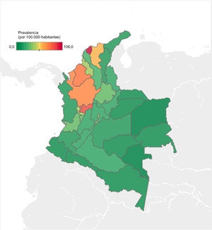 Prevalencia de la enfermedad inflamatoria intestinal en el año 2019 por departamentos en Colombia. La prevalencia se calcula con la población media del periodo como denominador × 100,000 habitantes.