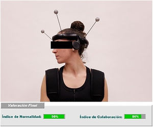 Imagen tomada durante la prueba de valoración funcional biomecánica del raquis cervical (arriba) y resultados de IN e IC tal y como se mostraban en el informe aportado (abajo). Los puntos de corte establecidos para IN e IC son 90% (entre 90% y 100% se considera funcional) y 50% (por debajo de 50% compatible con patrón simulador), respectivamente.