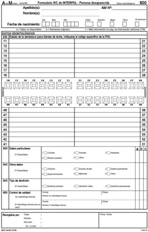 Formulario antemortem (amarillo) de la INTERPOL para la recogida de datos odontológicos.