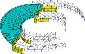 Modelling for below-grade structures: diaphragm walls for trusses and wall beam shown (in yellow), and columns and tie beam (in blue).