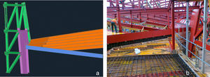 Reinforcing sheet metal on the bottom slab: 3D model simulation (left) and construction photograph (right).
