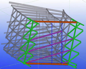 Radial cross-section of the 3D model of the steel structure. The box girder section formed by the façade trusses (green in the diagram) and the bottom and roof structural slabs (orange for beams) is stiffened by diaphragms consisting in the inter-storey beams (purple) and inner tubular columns (blue).