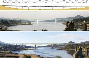 Alzado, fotomontaje y vista del viaducto sobre el río Ulla concluido.
