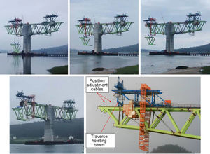 Hooking, hoisting and moving a segment with a mobile derrick crane; hoisting to permanent elevation and details of the transverse hoisting beam and segment alignment cables.