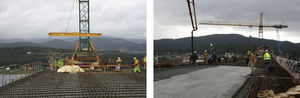 Laying full-width precast slabs and concrete casting on the upper slab.
