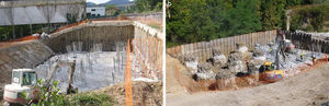 a) Micropile retaining walls for P-7 foundations; b) sheet retaining wall for P-8 pile foundations.