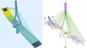 Imagen del modelo de cálculo de contraste para la construcción del tablero del tramo atirantado.