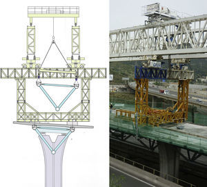 Estructura trasera montada sobre un tablero construido. Esquema en situación de lanzamiento de una celosía y vista real.