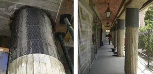 Pilares sin tratamiento del soporte (refuerzos ejecutados tras el sismo en Lorca).