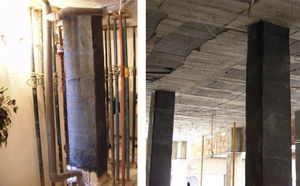 Pilares sin tratamiento del soporte (refuerzos ejecutados tras el sismo en Lorca).
