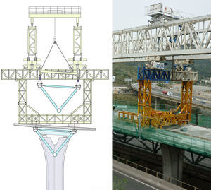 Rear structure assembled on the built deck. Diagram of latticework in launching position and real view.