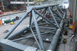 Mounting the deck latticework at the workshop.