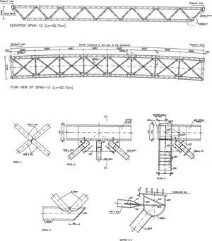 Metal latticework of the span measuring 52.70m. Elevation and plan views plus details of the joints.