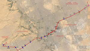 Distribución de estaciones de la línea 3 de Metro de Riad (las estaciones profundas se indican en color rojo).