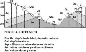 Perfil geotécnico a lo largo de la traza del puente y discretización de las capas.