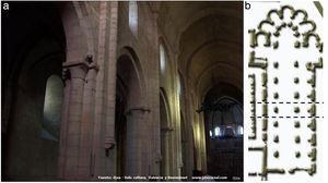 Iglesia cisterciense del monasterio de Poblet. a) Vista interior de la nave central; b) planta y sección analizada.