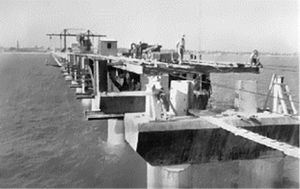 View of cross girders and piles during the construction process.