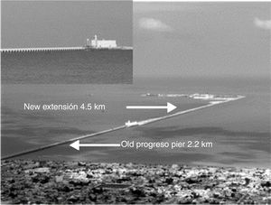 Aerial photograph of the old pier and the extension built in the 80s.