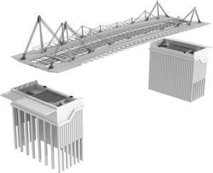 Imagen virtual en la que se muestra la estructura metálica y las cimentaciones del puente.
