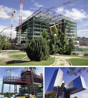 Edificio y cubierta del Centro de Proceso de Datos en fase de ejecución (arriba), edificio de la sede de Gas Natural en Barcelona (abajo).