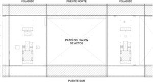 Nivel de planta «presidencial» (cuarta). Mitad oeste. Las áreas tramadas corresponden a la superficie de forjados de planta cuarta y quinta colgados de la estructura de cubierta.