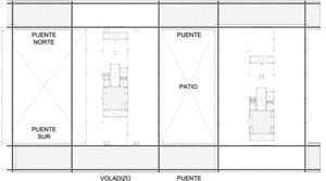 Nivel de planta presidencial (cuarta). Mitad este. Las áreas tramadas corresponden a la superficie de forjados de planta cuarta y quinta colgados de la estructura de cubierta.