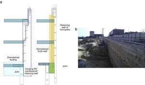 Breast wall of calle Luca de Tena, connected to the lower retaining wall and final lining connected by keys anchored with an epoxy-type resin (left). Figure of the execution of the leading retaining wall that penetrates the support to the project