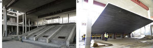 Grandstand of the conference hall and roof on composite beams. Front and back views.