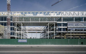 South bridge (close up) and north bridge (in the distance) between blocks A and B, with suspended fourth floor.