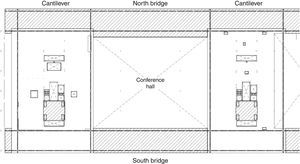 “Presidential” floor level (fourth). West side. The plotted areas correspond to the structural steel frame of the fourth and fifth floor that hangs from the roof structure.