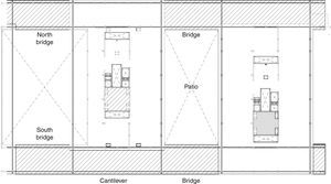 Presidential floor level (fifth). East side. The plotted areas correspond to the structural steel frame of the fourth and fifth floor that hangs from the roof structure.