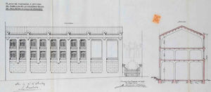 Planos originales del edificio del arquitecto Manuel Álvarez Naya (1925). En la sección se pueden apreciar los elementos estructurales: pilares, vigas, viguetas y forjados.
