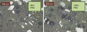 Microstructure of the mortar phase with FRA in percentages of 50% (left) and 100% (right).