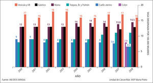 Primeras causas de mortalidad por cáncer en la mujer, chile, años 2000-2008