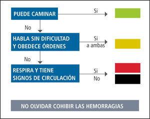 Algoritmo de un modelo diseñado en españa de primer triage Algoritmo de un modelo diseñado en España de primer Triage que está destinado a ser efectuado por personal no médico (rescatistas) y que permite la evaluación rápida del estado de conciencia, hemodinámico, respiratorio y de integridad del aparato locomotor.