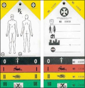 Tarjetas de triage de uso internacional Figura 4. Las franjas de colores de la parte inferior, están separadas por prepicados, que permiten descartar los colores no seleccionados, dejando el que describe la calificación de la víctima en la parte inferior. El resto se llena con elementos de identificación personal, descripción de lesiones y lugares de destino. Se fija al paciente luego del triage secundario y se va llenando a lo largo de su recorrido por el PMA.