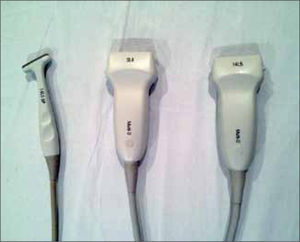 Transductores lineales de alta frecuencia para US musculoesquelético, de distinto tamaño.