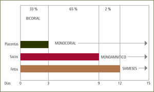 Causas parto prematuro En gemelos monocigóticos, días de división postfecundación. División placentaria y amniótica (The 11–14 week Scan, Fetal Medicine Foundation. K. Nicolaides).
