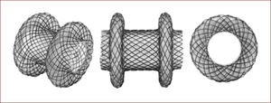 Esquema del AXIOS stent autoexpandible Esquema del AXIOS stent autoexpandible recubierto para drenaje de cavidades. Tiene un cuerpo central y dos hombros. Estos tipo botón quedan a lado y lado de los órganos en manejo.